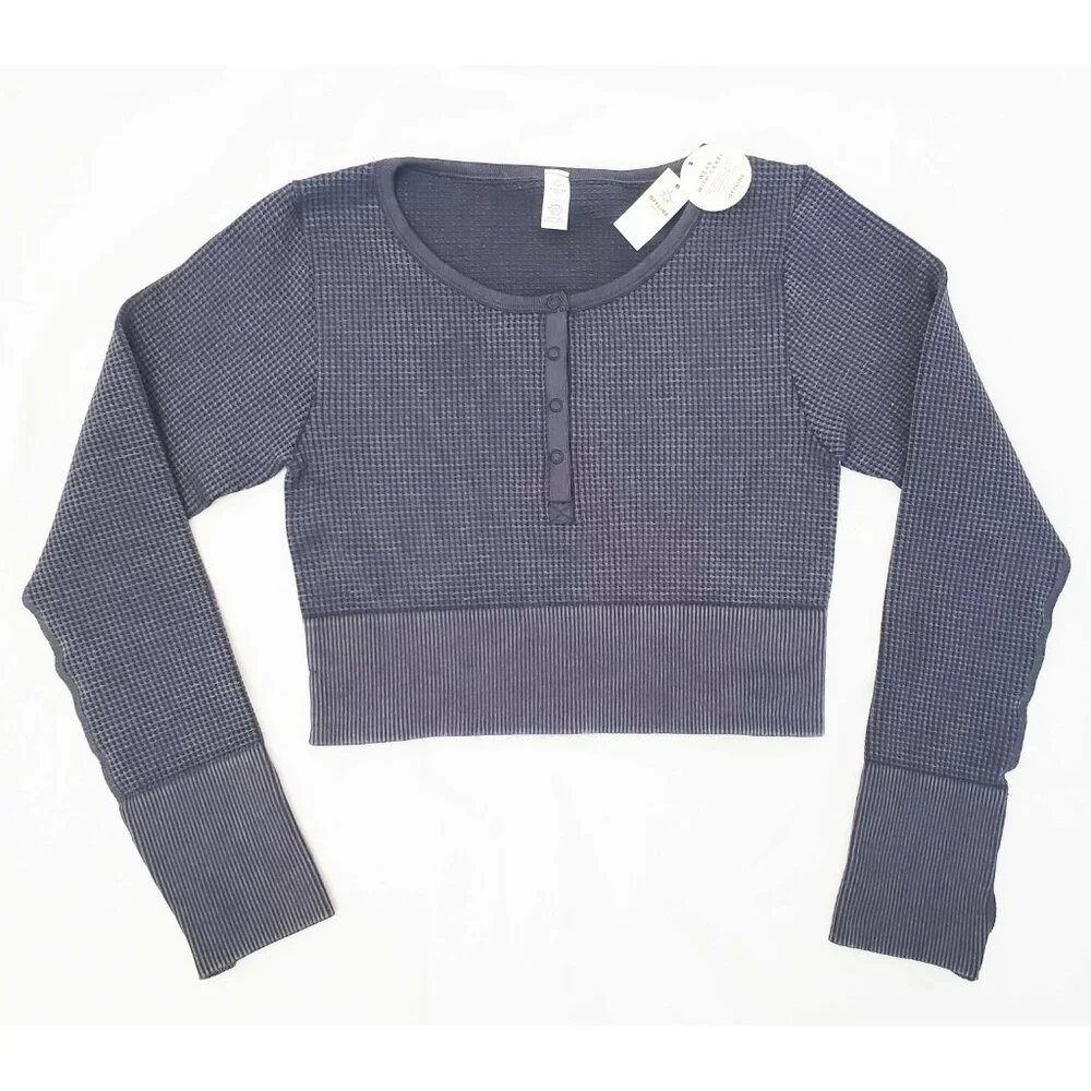 Aerie Womens Grey Offline Main Squeeze Waffle Weave Crop Top Henley Sweatshirt L